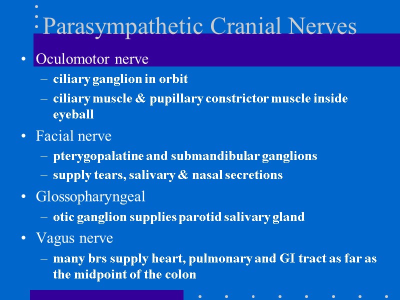 Parasympathetic Cranial Nerves Oculomotor nerve ciliary ganglion in orbit ciliary muscle & pupillary constrictor